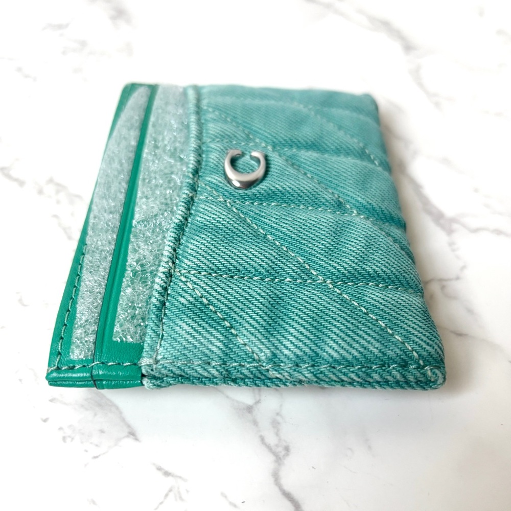 New Coach Quilted Denim Card Case Mini Wallet Holder Green - Picture 5 of 8